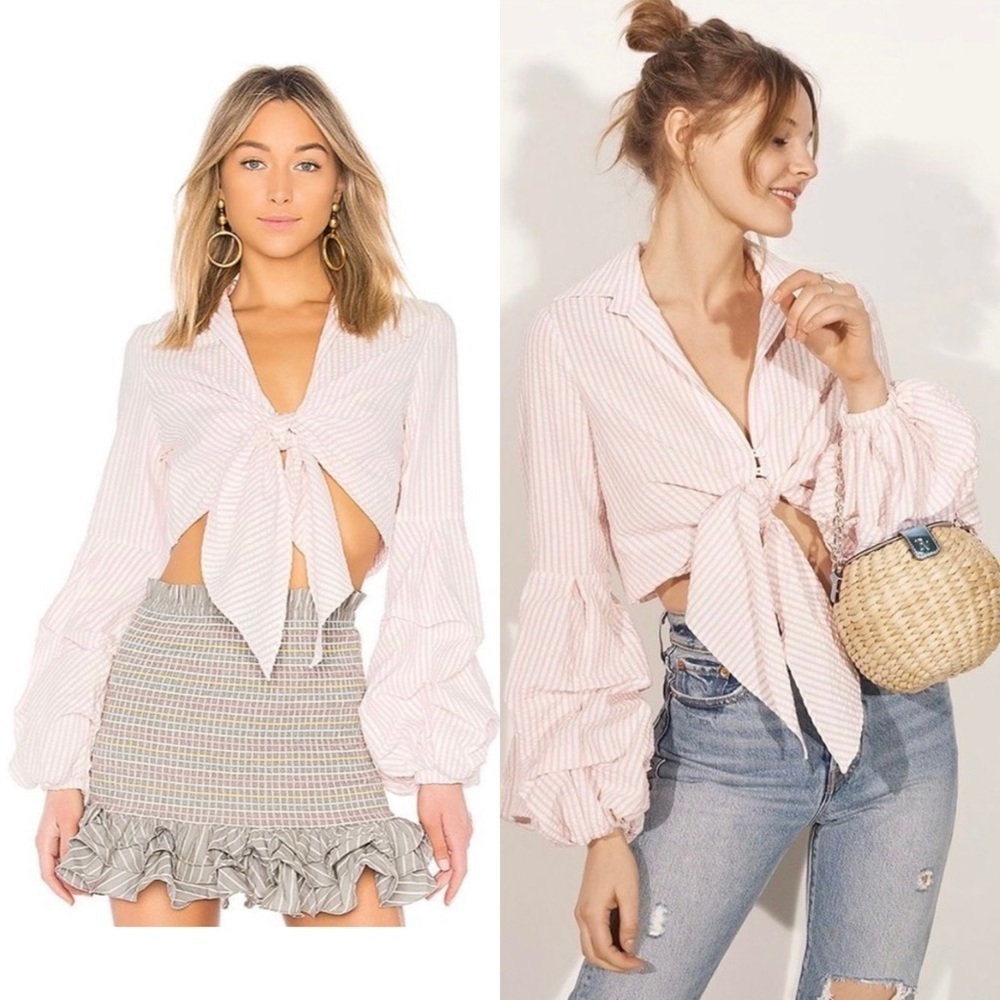 Petersyn Silvia Striped Tie-Front Puff Sleeve Crop Blouse Rose Pink - Small